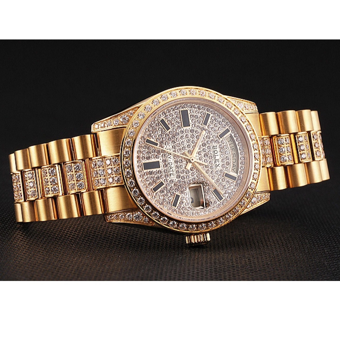 Aaa replica watch Gold Swiss Rolex Day Pave Yellow Date Diamond 0825
